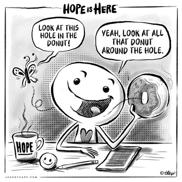 Hope Is Here™ | Beyond Hope Project Character holding a donut comparing it to life's challenges 