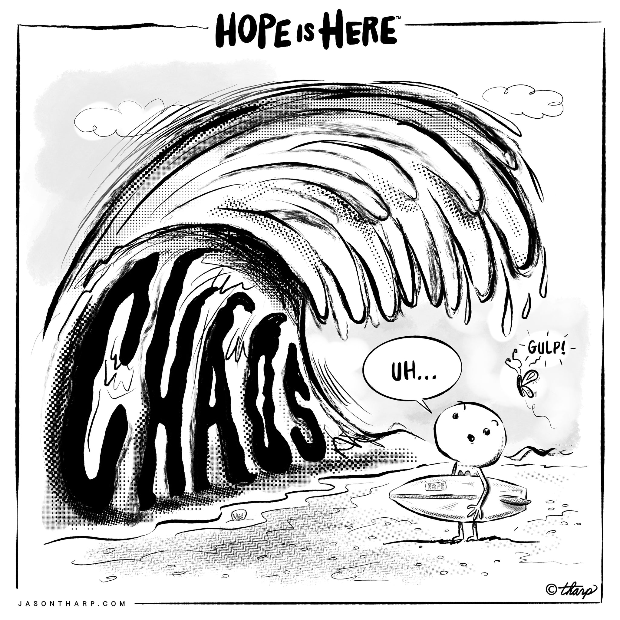 Hope Is Here™ | Beyond Hope Project, Hope character holding surf board with wave of chaos about to plow them over